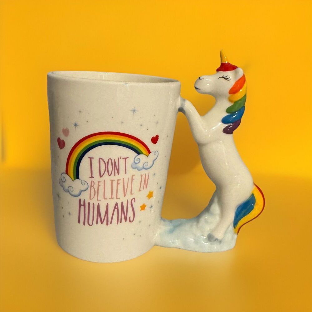 Ceramic 3D Unicorn 12oz Mug Coffee/Tea Rainbow Hearts “I DON'T BELIEVE IN HUMANS